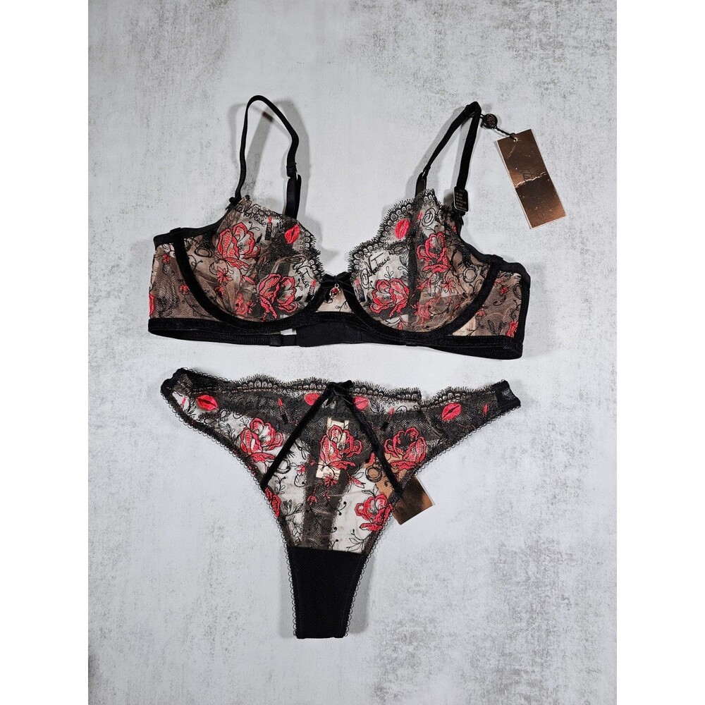Dita Von Teese Novelteese Bra and Panty Embroidered Luxury Lingerie Set, Size S